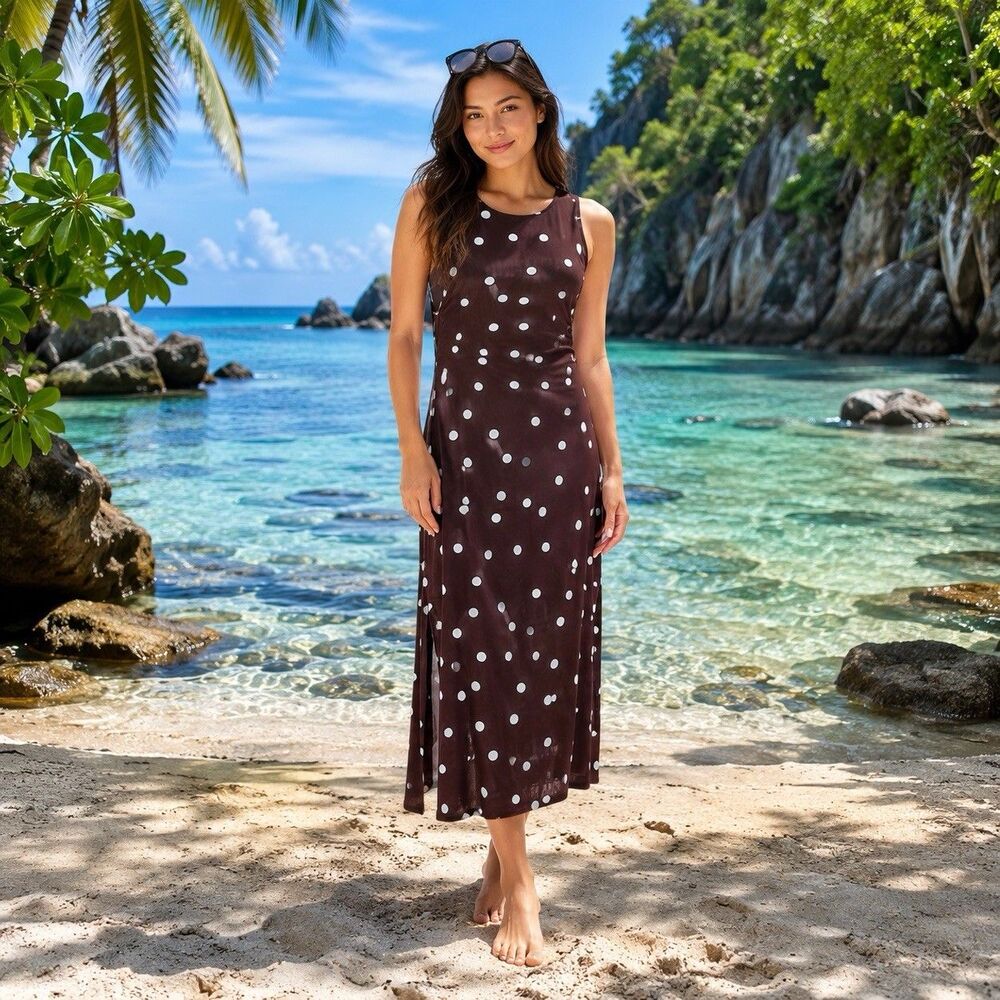 Caroline Constas Polka Dot Mesh Cover Up Midi Dress S Brown Resort Beach Coastal